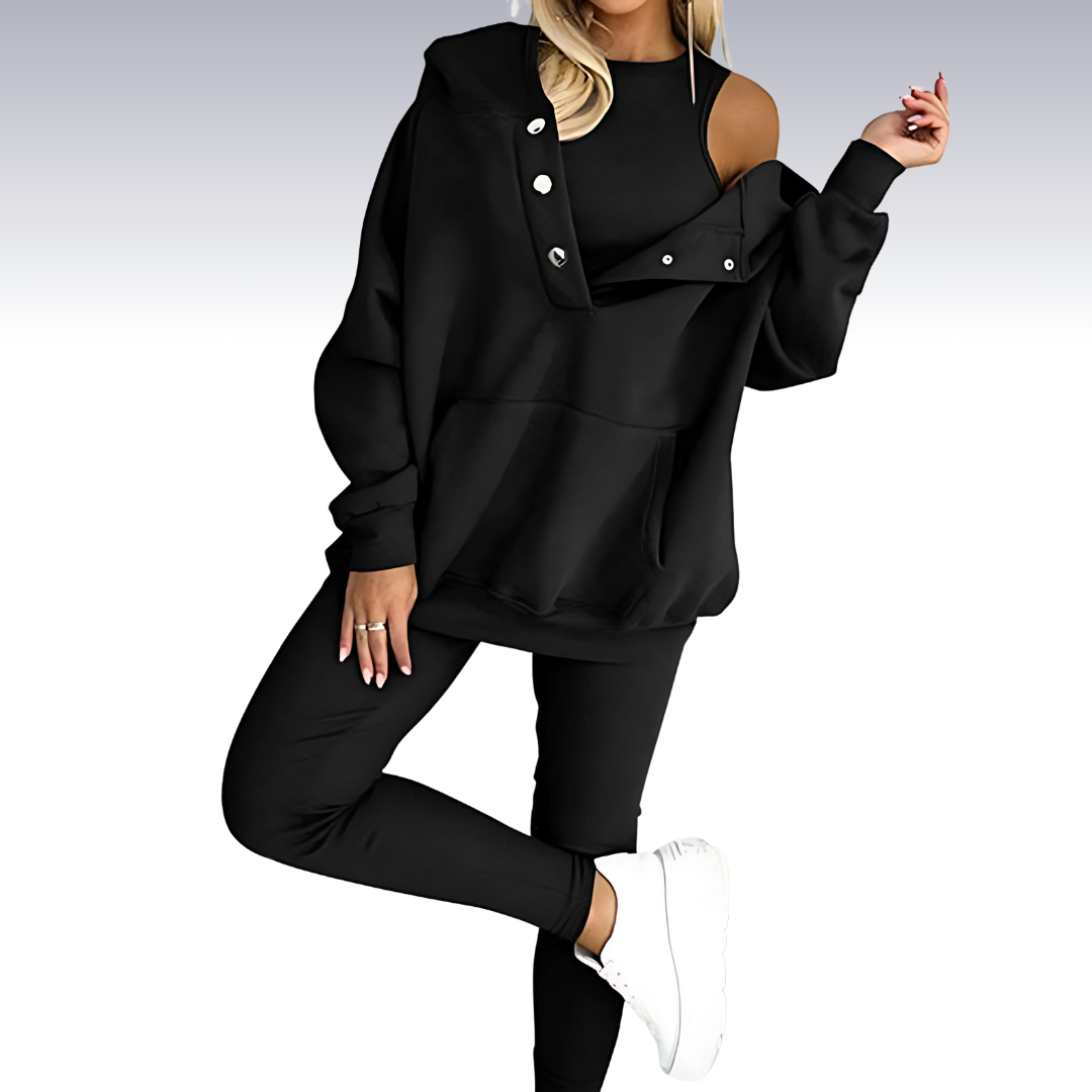 "Driedelige sportset dames met elegante top, sportbeha en legging; ademende en elastische stoffen voor comfort en stijl."