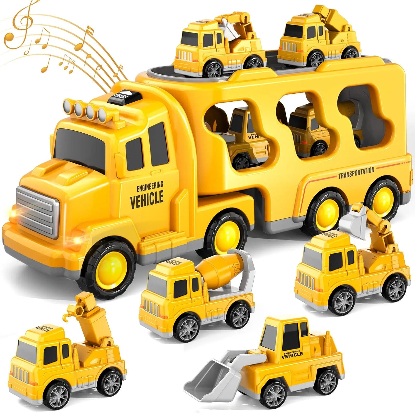 "Dubbel gelaagd transportvoertuig met licht en muziek voor kinderen, inclusief opslagruimte en felgekleurde details."