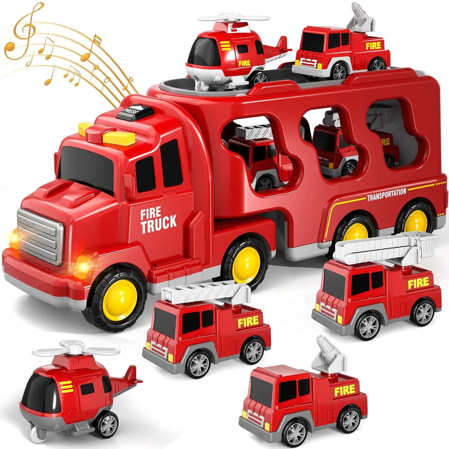 "Dubbel gelaagd transportvoertuig met licht en muziek voor kinderen, inclusief opslagruimte en felgekleurde details."