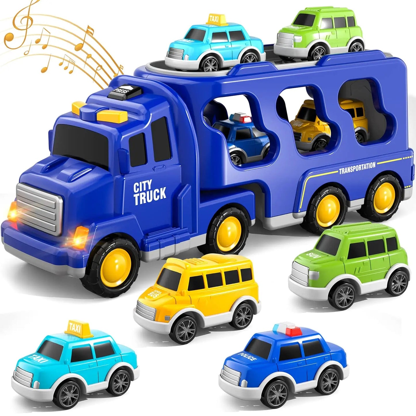 "Dubbel gelaagd transportvoertuig met licht en muziek voor kinderen, inclusief opslagruimte en felgekleurde details."