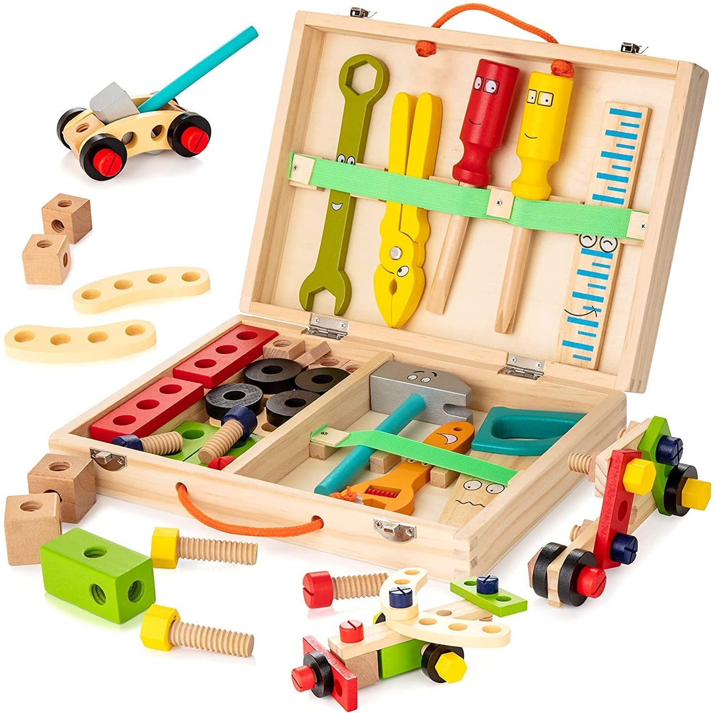 "Duurzame houten kindergereedschapskist, inclusief diverse veilige en kleurrijke tools voor creatief spel van kinderen."