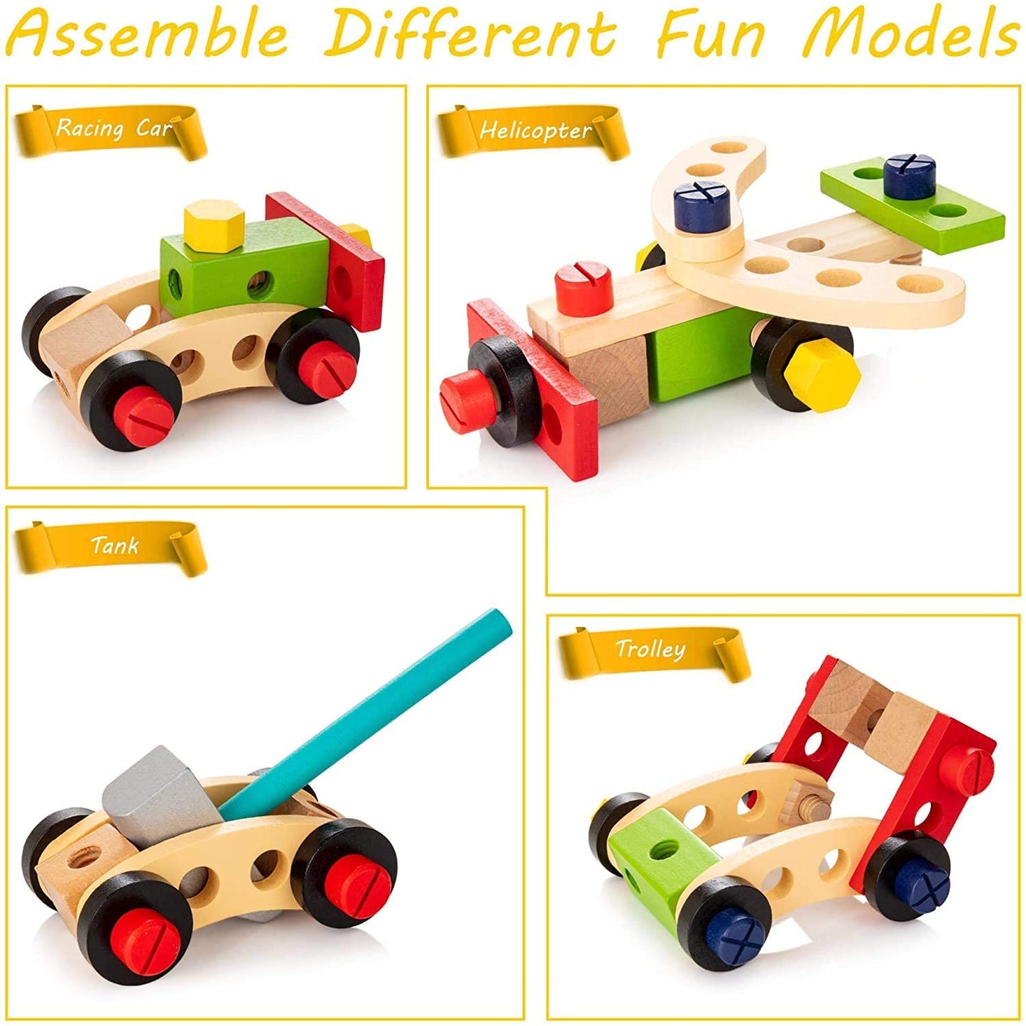 "Duurzame houten kindergereedschapskist, inclusief diverse veilige en kleurrijke tools voor creatief spel van kinderen."