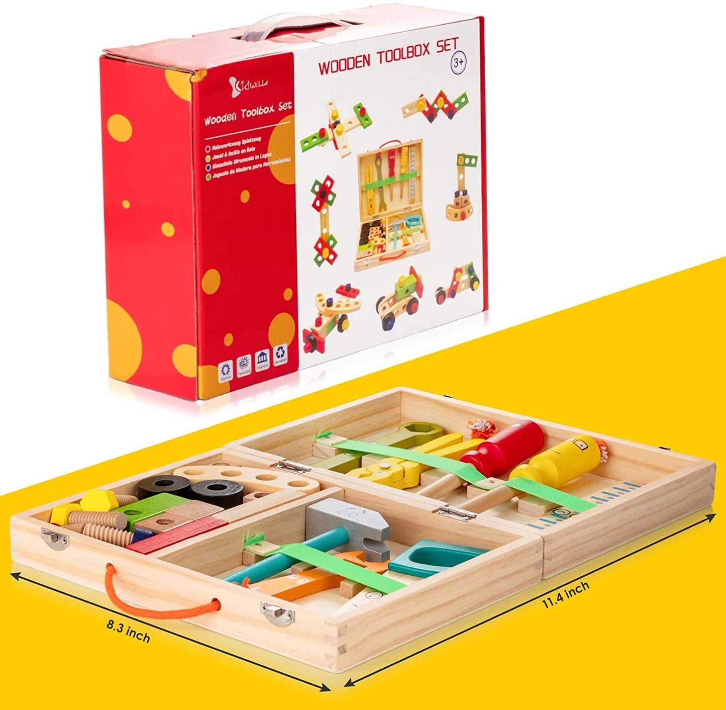 "Duurzame houten kindergereedschapskist, inclusief diverse veilige en kleurrijke tools voor creatief spel van kinderen."