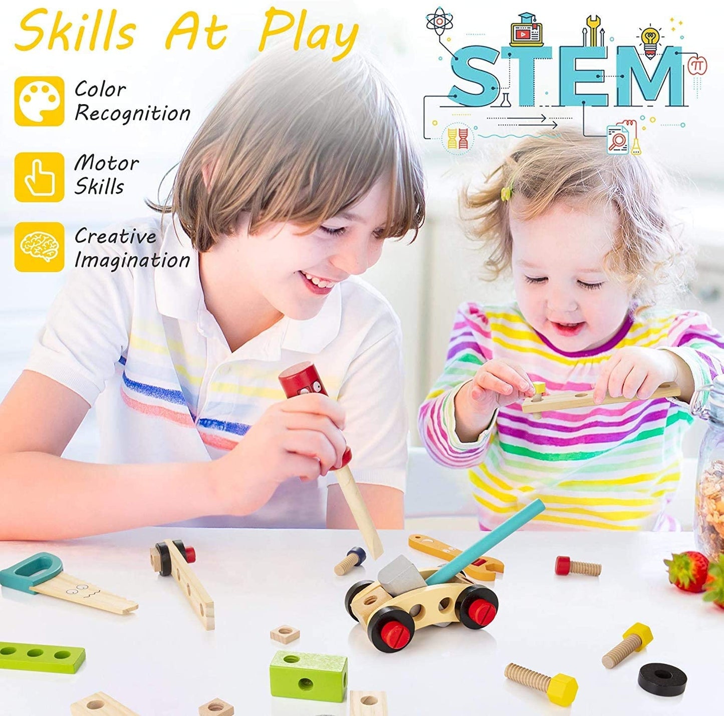 "Duurzame houten kindergereedschapskist, inclusief diverse veilige en kleurrijke tools voor creatief spel van kinderen."
