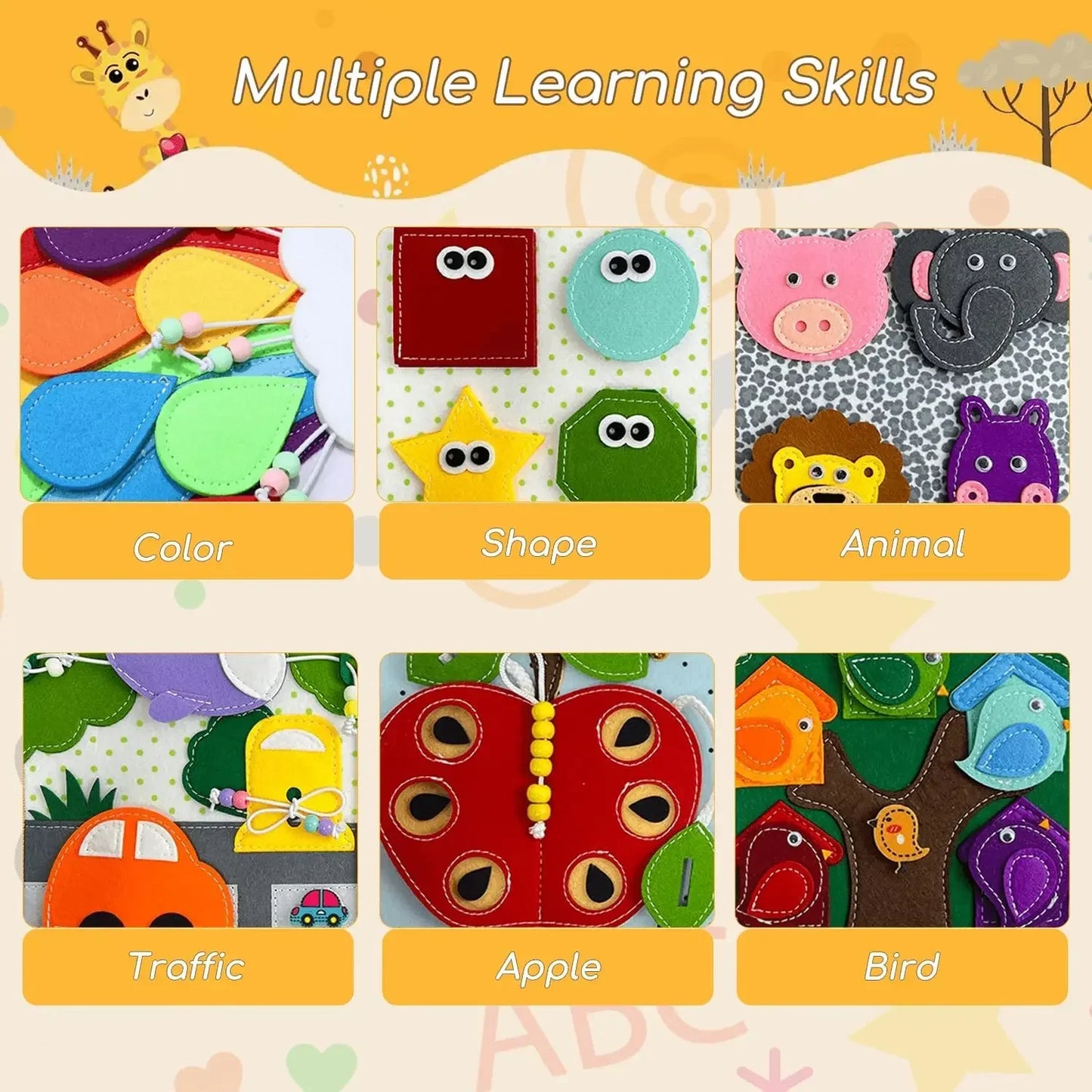 Educatief viltboek vol dieren, voeltactiele pagina's, stimuleert fijne motoriek en interactief leren voor peuters.