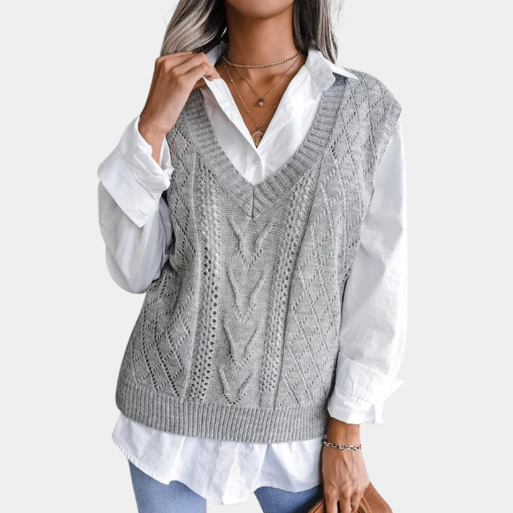 "Elegant kabelgebreid V-hals vest zonder mouwen voor vrouwen, verkrijgbaar in abrikoos, blauw en grijs."