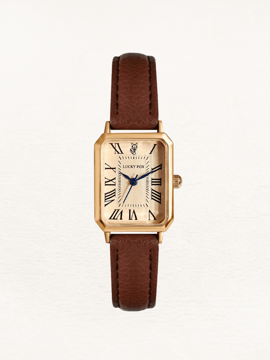 Elegant retro dameshorloge met vierkante gouden kast en bruine leren band, perfecte balans tussen stijl en comfort.
