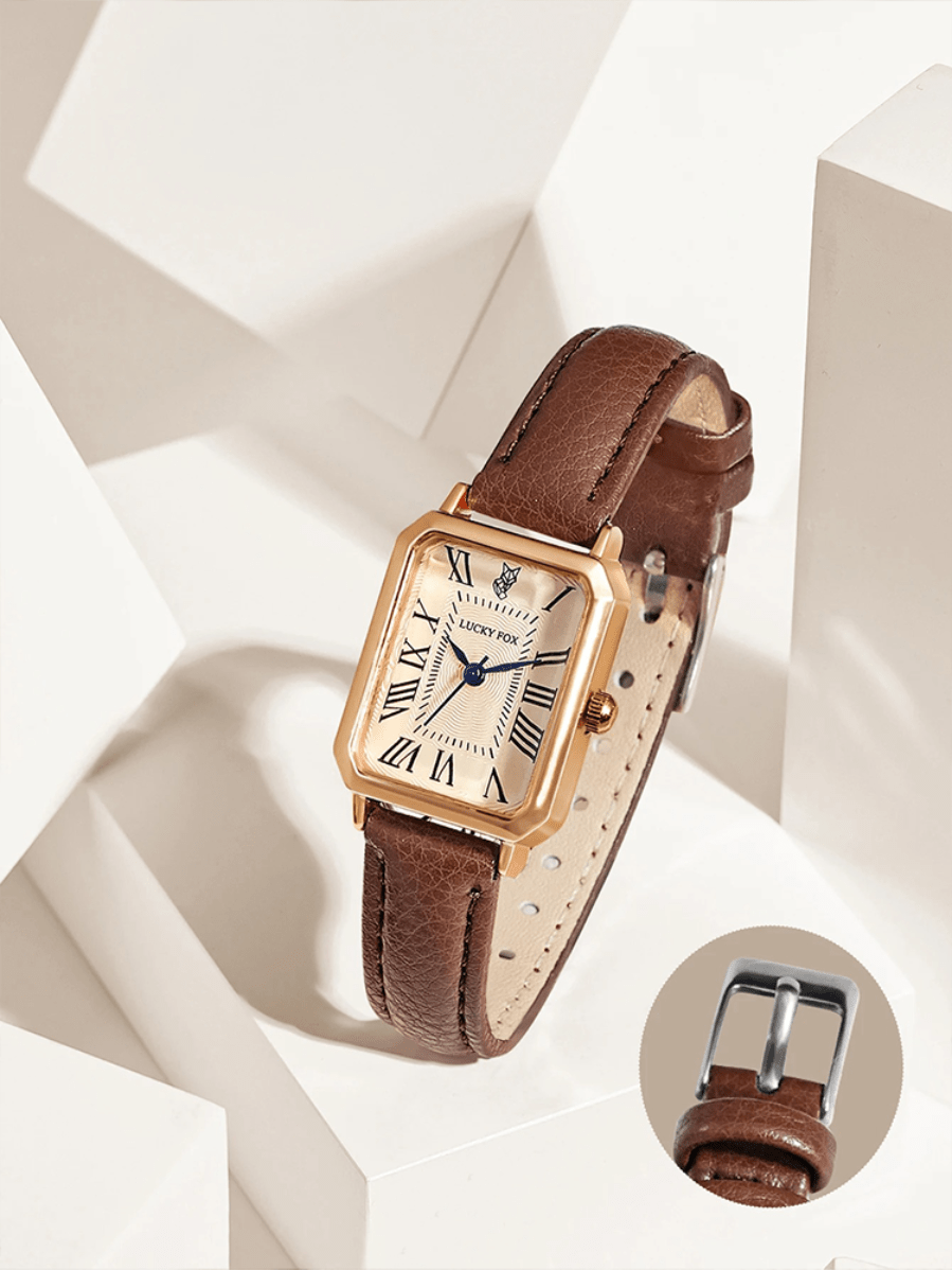 Elegant retro dameshorloge met vierkante gouden kast en bruine leren band, perfecte balans tussen stijl en comfort.