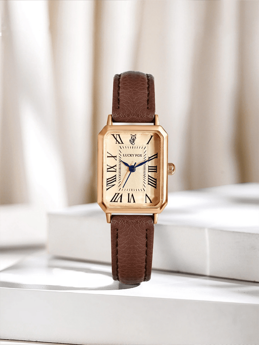 Elegant retro dameshorloge met vierkante gouden kast en bruine leren band, perfecte balans tussen stijl en comfort.