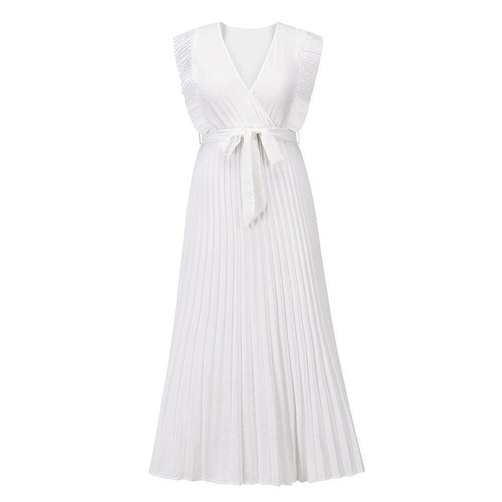Elegante bohemian Fleurine jurk met V-hals in luchtige chiffon stof, ideaal voor zomerfeesten en bruiloften.