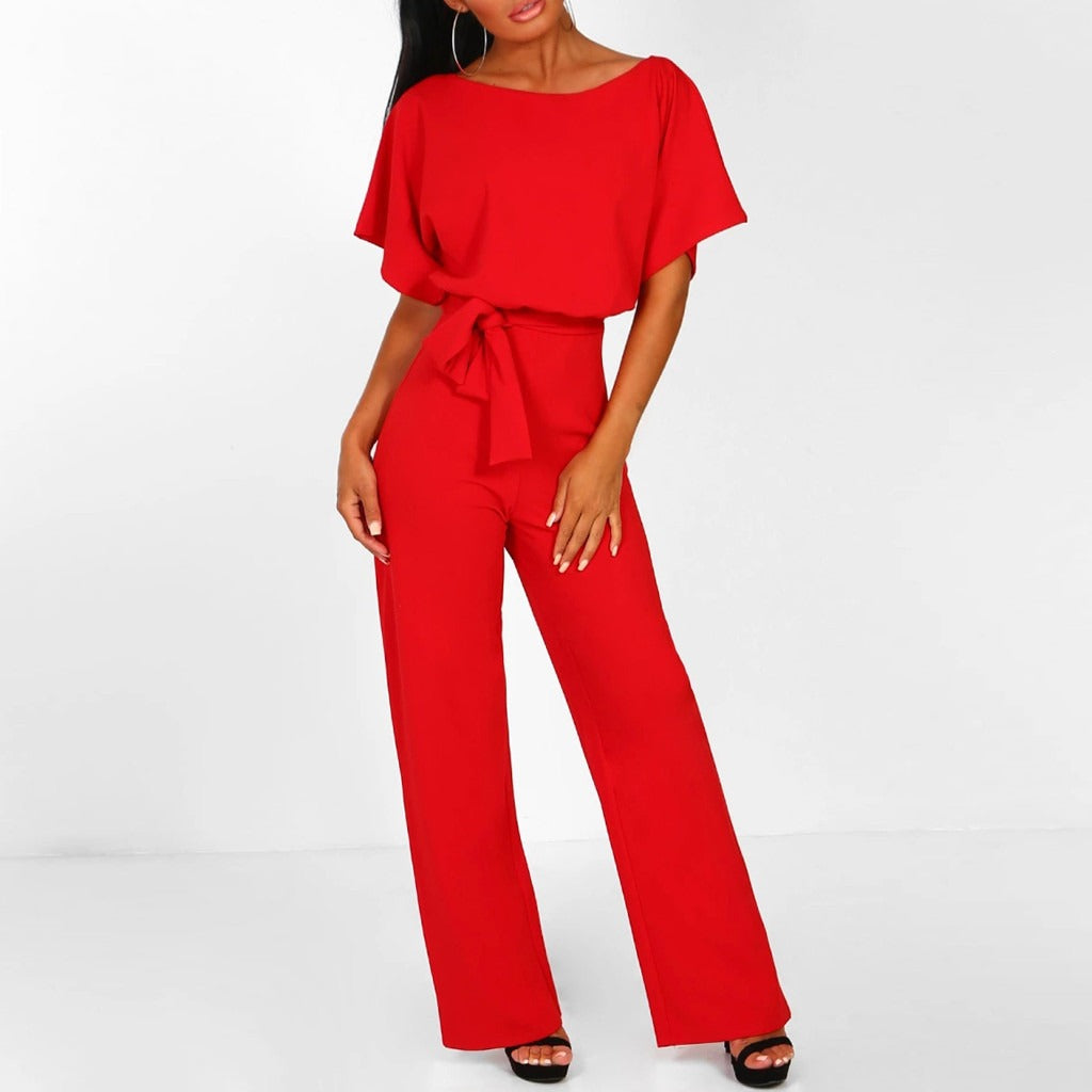 "Elegante dames jumpsuit met wijde broekspijpen en lace-up detail in blauwe kleur, flatterende pasvorm, moderne stijl."