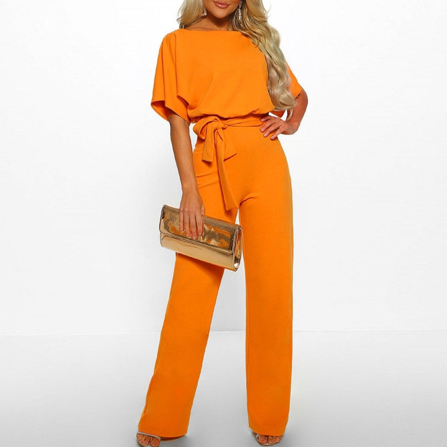 "Elegante dames jumpsuit met wijde broekspijpen en lace-up detail in blauwe kleur, flatterende pasvorm, moderne stijl."