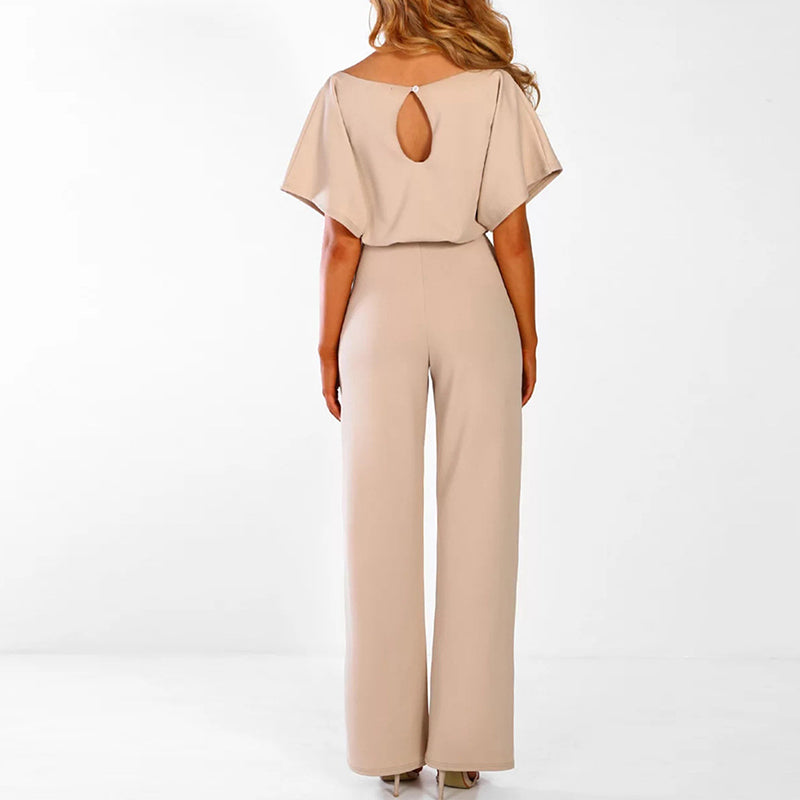 "Elegante dames jumpsuit met wijde broekspijpen en lace-up detail in blauwe kleur, flatterende pasvorm, moderne stijl."