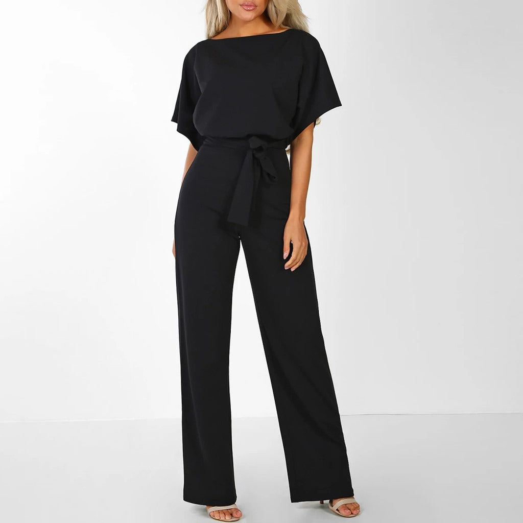 "Elegante dames jumpsuit met wijde broekspijpen en lace-up detail in blauwe kleur, flatterende pasvorm, moderne stijl."