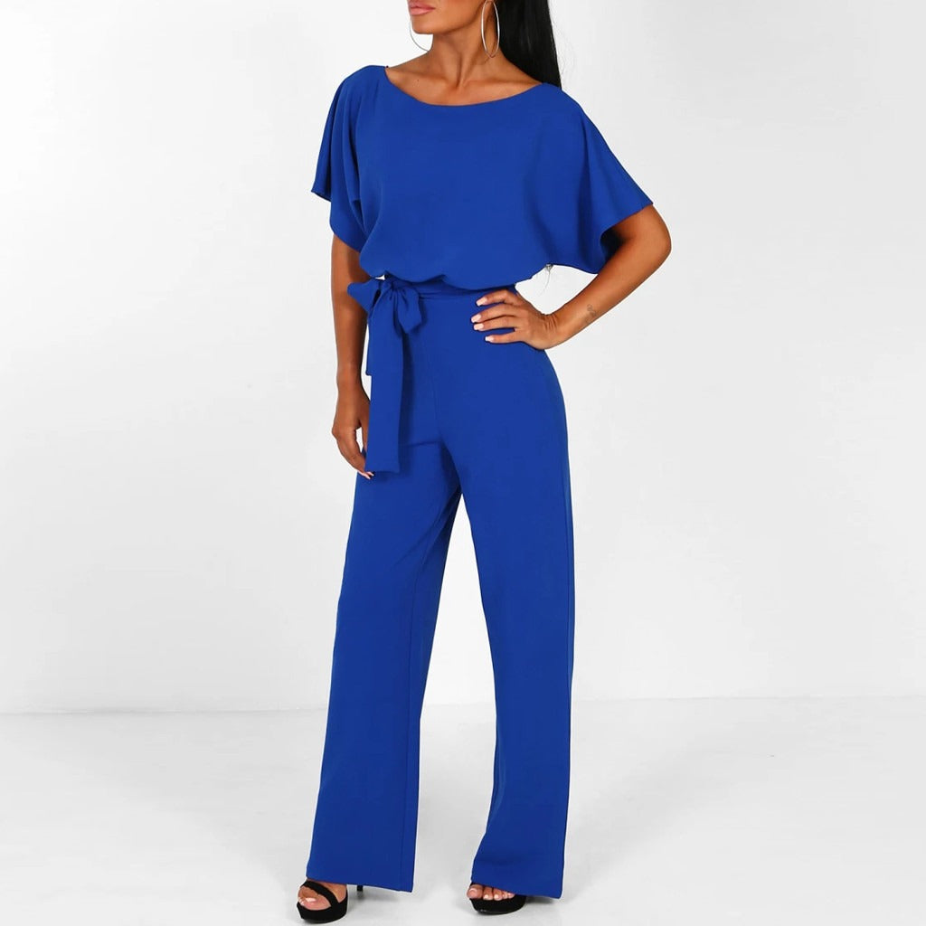 "Elegante dames jumpsuit met wijde broekspijpen en lace-up detail in blauwe kleur, flatterende pasvorm, moderne stijl."