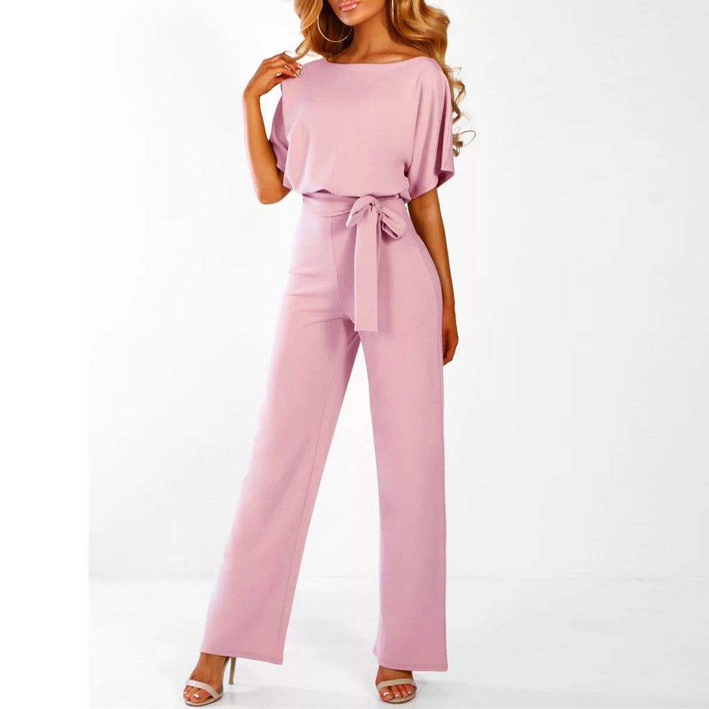 "Elegante dames jumpsuit met wijde broekspijpen en lace-up detail in blauwe kleur, flatterende pasvorm, moderne stijl."