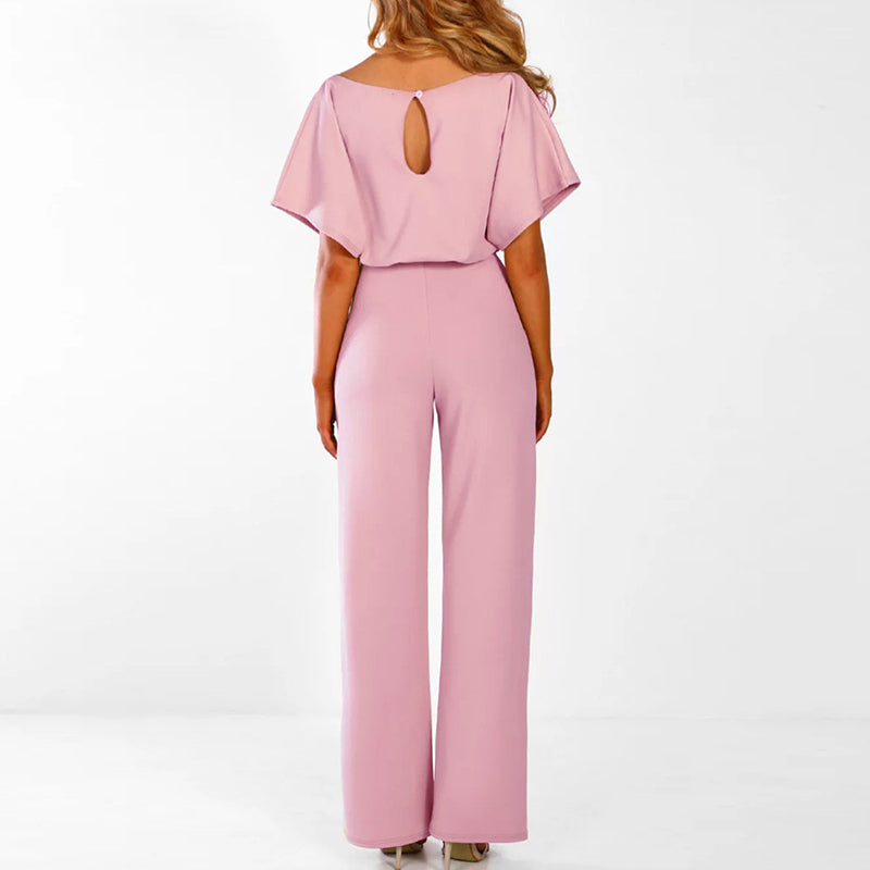 "Elegante dames jumpsuit met wijde broekspijpen en lace-up detail in blauwe kleur, flatterende pasvorm, moderne stijl."