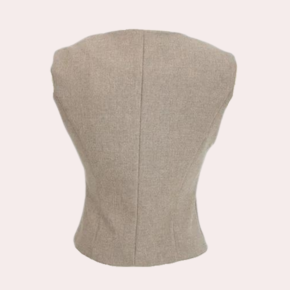 Elegante damesset met pantalon, gilet en blazer, stijlvol en professioneel in een veelzijdige khaki tint voor elke gelegenhei