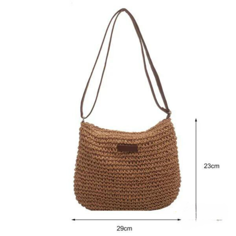 "Elegante gevlochten crossbody tas in beige en bruin met verstelbare band, ideaal voor casual of semi-formele gelegenheden."