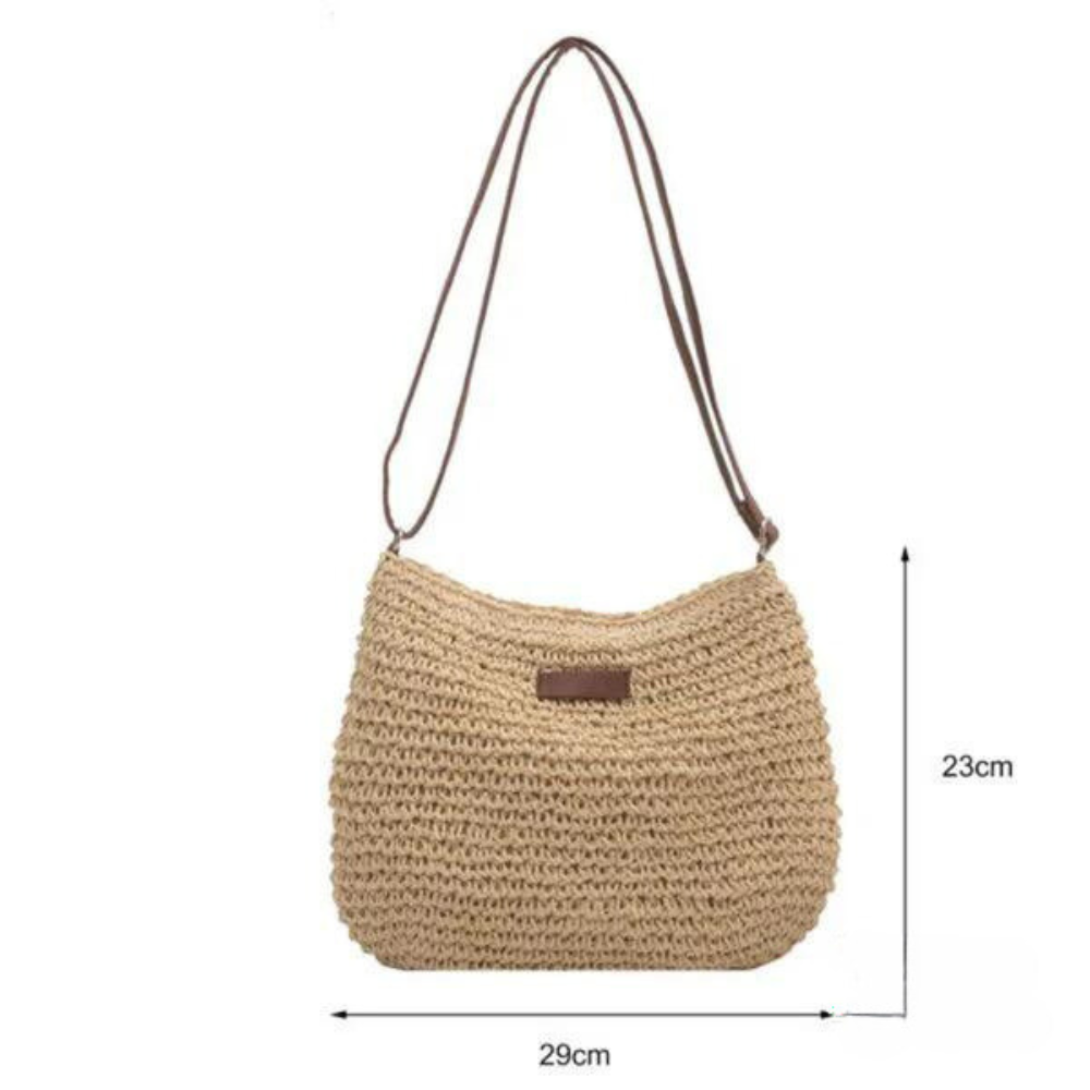 "Elegante gevlochten crossbody tas in beige en bruin met verstelbare band, ideaal voor casual of semi-formele gelegenheden."