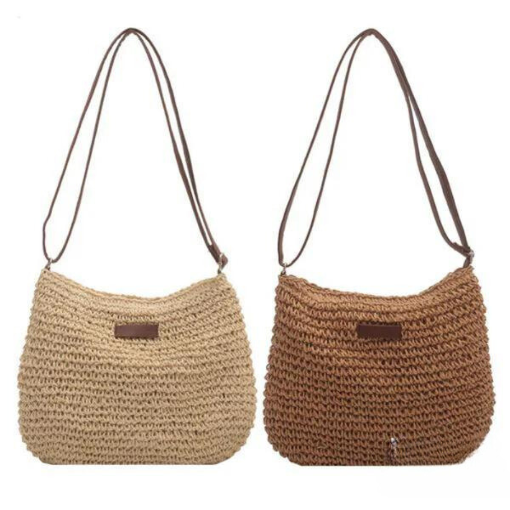 "Elegante gevlochten crossbody tas in beige en bruin met verstelbare band, ideaal voor casual of semi-formele gelegenheden."