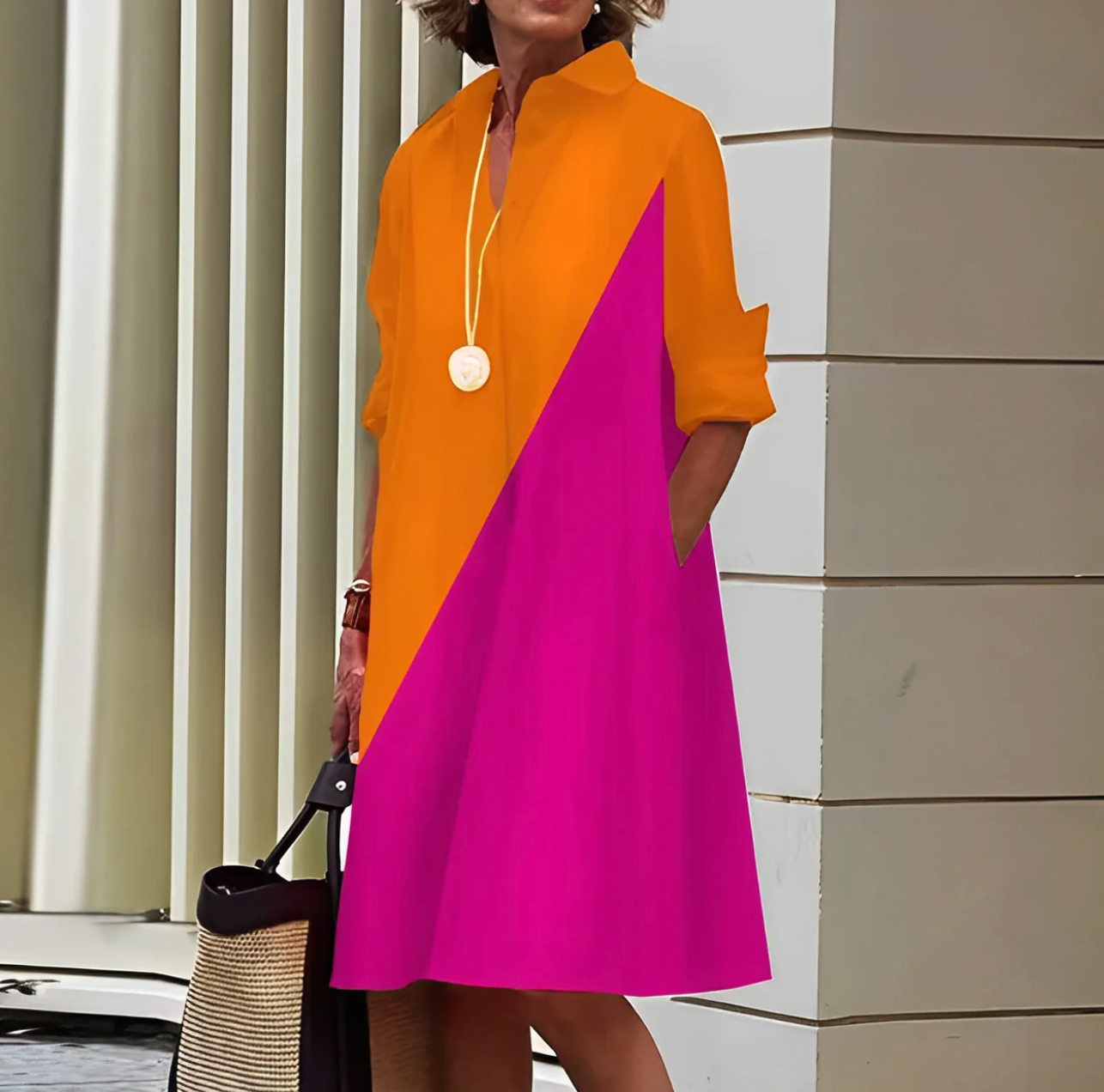 "Elegante Katarina midi jurk met lange mouwen, getailleerd silhouet en vrouwelijke uitstraling in diverse kleuren."
