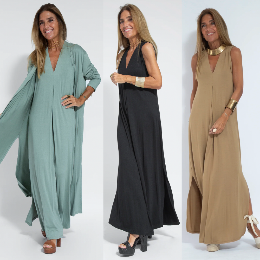 "Elegante Kate Set met lange jurk en stijlvolle weste, dameskleding, in diverse kleuren voor comfort en vrouwelijkheid."