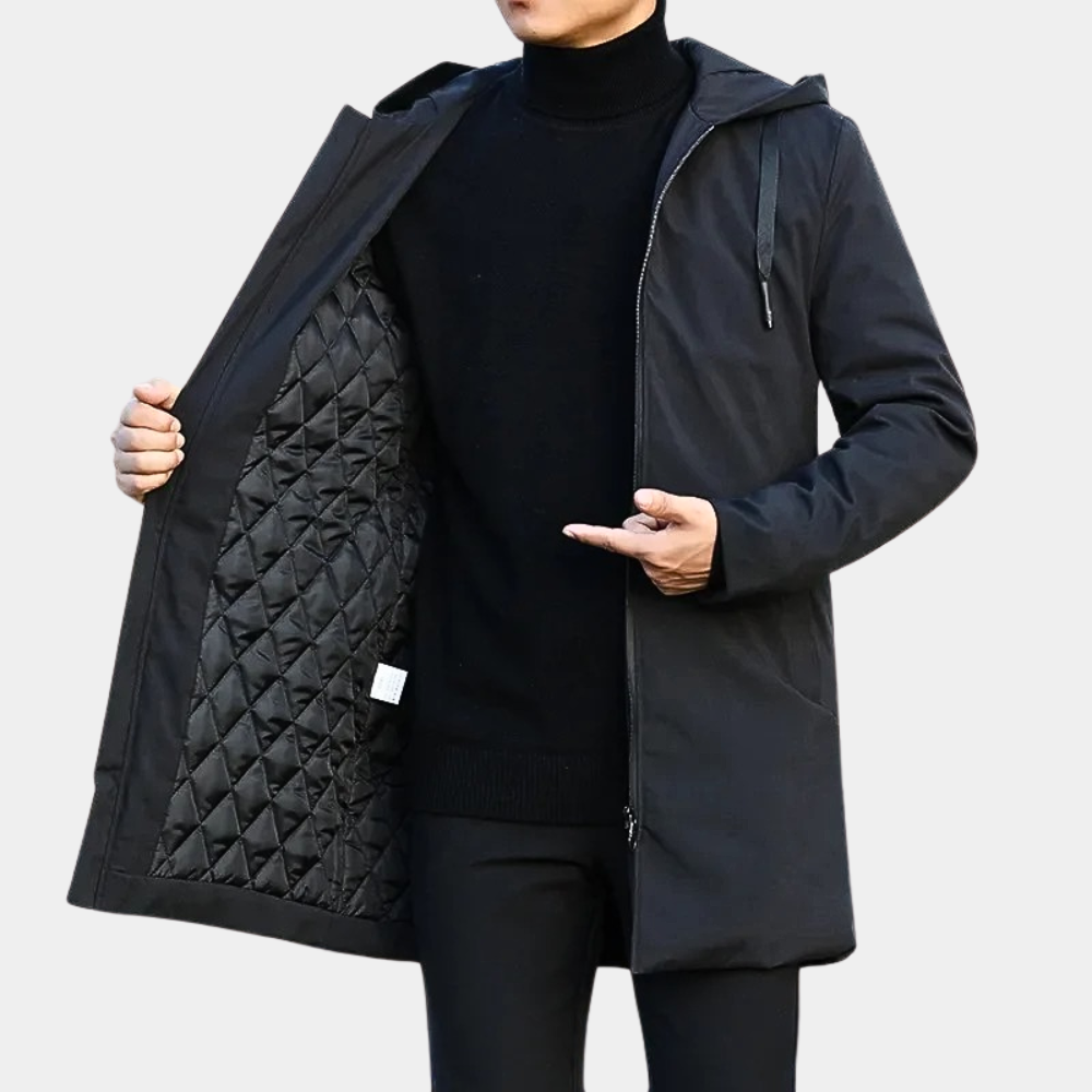 "Elegante lange herenjas zwart voor herfst winter, duurzaam en comfortabel, stijlvol voor elke gelegenheid"