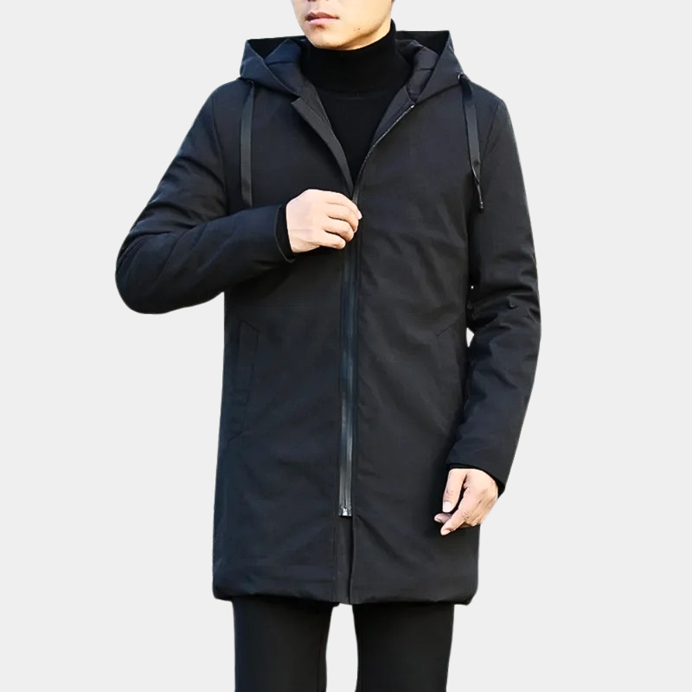 "Elegante lange herenjas zwart voor herfst winter, duurzaam en comfortabel, stijlvol voor elke gelegenheid"