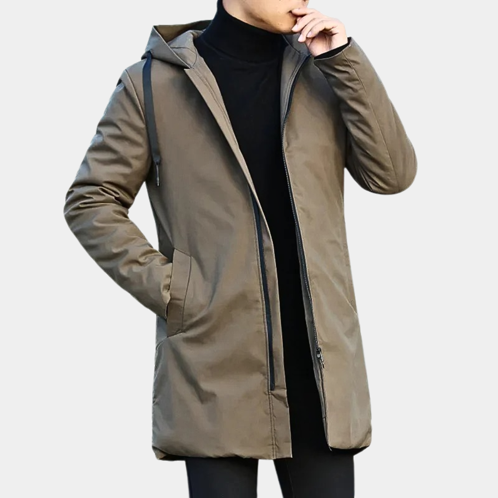 "Elegante lange herenjas zwart voor herfst winter, duurzaam en comfortabel, stijlvol voor elke gelegenheid"