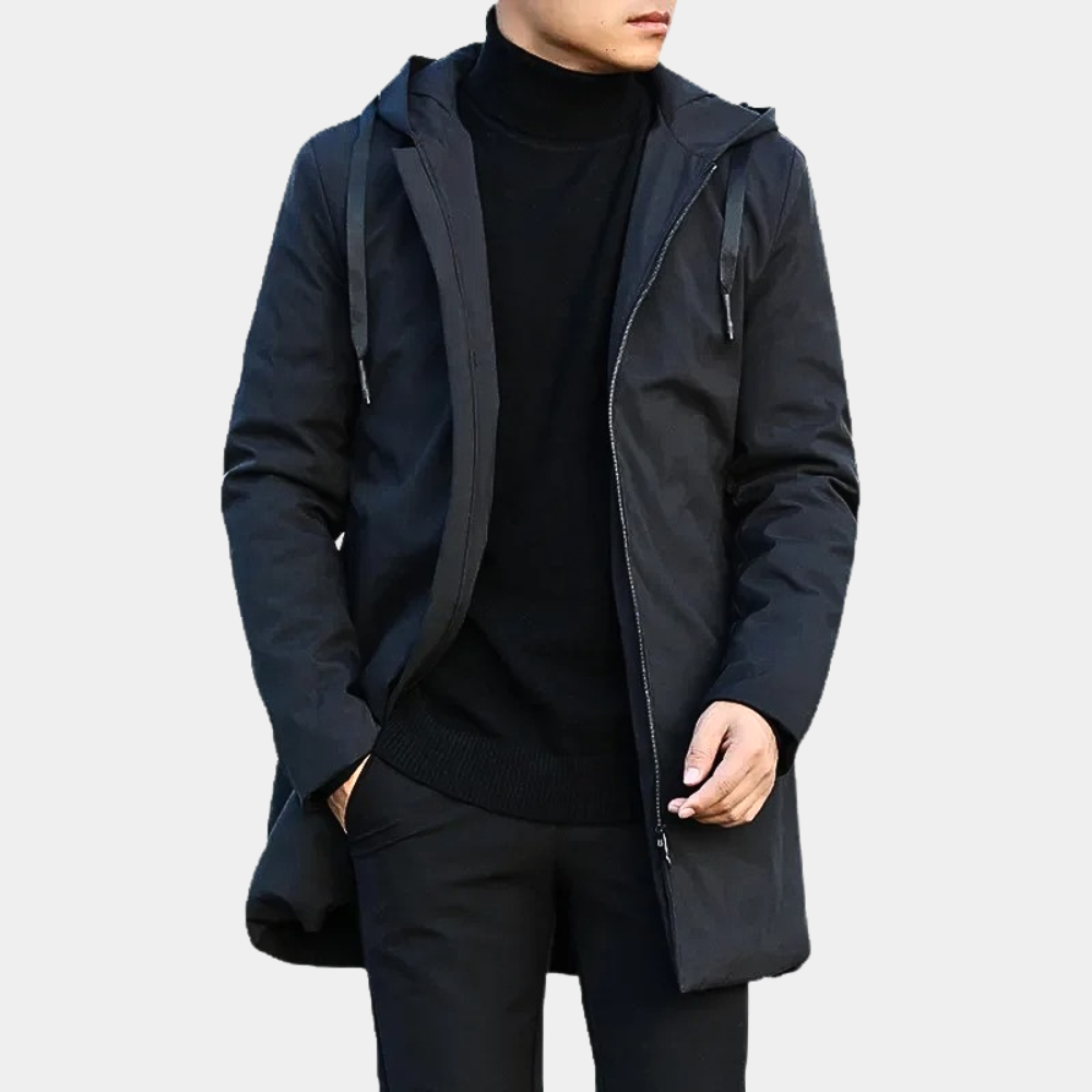 "Elegante lange herenjas zwart voor herfst winter, duurzaam en comfortabel, stijlvol voor elke gelegenheid"