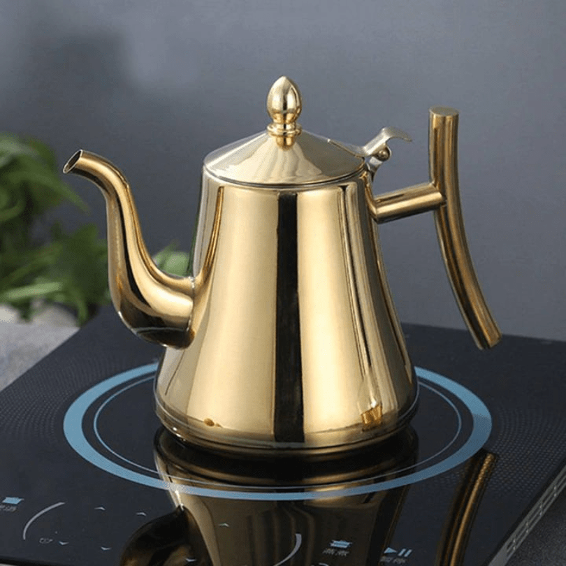 "Elegante roestvrijstalen inductie waterkoker met filter, snelle verhitting, modern design, geschikt voor elke keuken."