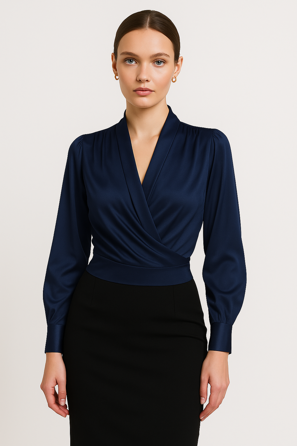 "Elegante satijnen blouse met pofmouwen, zachte stof en flatterende pasvorm, perfect voor luxe en stijlvolle looks."