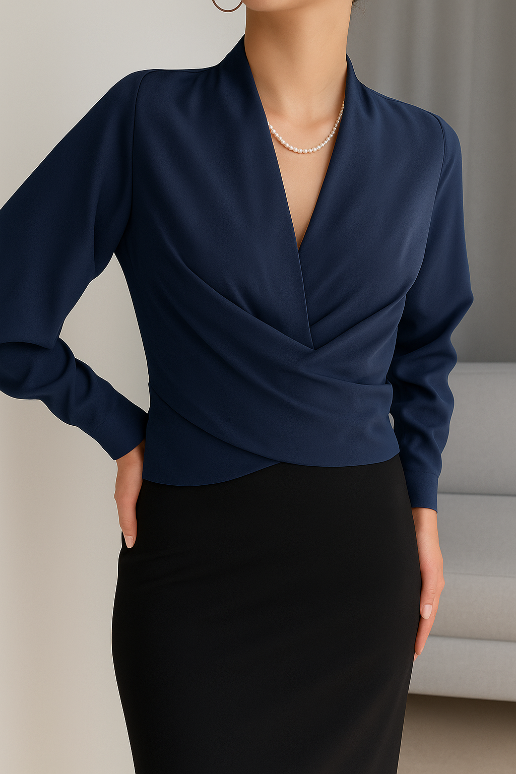 "Elegante satijnen blouse met pofmouwen, zachte stof en flatterende pasvorm, perfect voor luxe en stijlvolle looks."