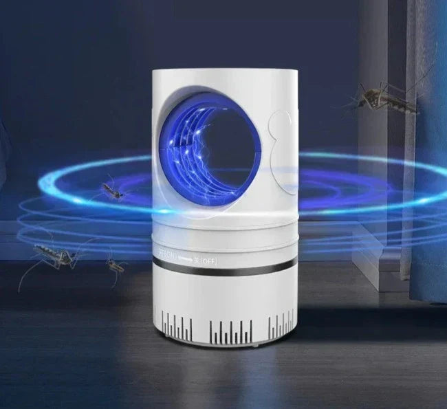 "Elektrische muggenlamp met LED Bionic Violet Wave technologie, moderne witte behuizing, ideaal voor insectenvrije nachten."