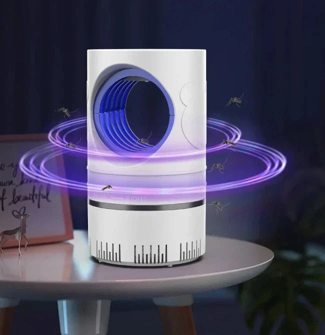 "Elektrische muggenlamp met LED Bionic Violet Wave technologie, moderne witte behuizing, ideaal voor insectenvrije nachten."