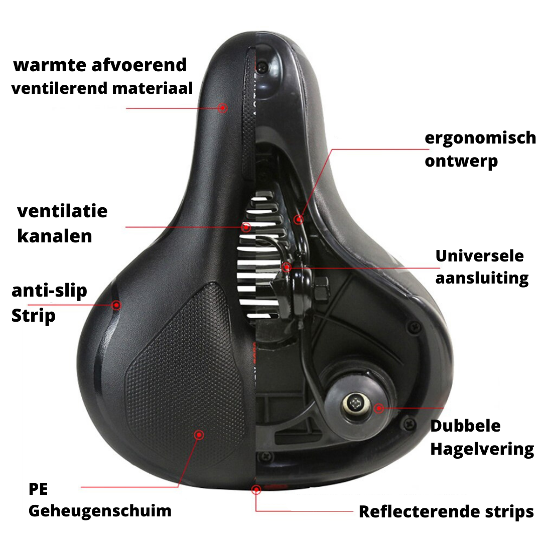 "Ergonomisch fietszadel met geheugenschuim en schokabsorptie, ideaal voor lange ritten, zwart met reflecterende details."