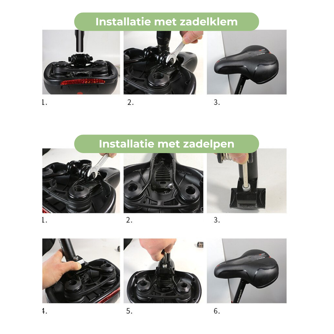 "Ergonomisch fietszadel met geheugenschuim en schokabsorptie, ideaal voor lange ritten, zwart met reflecterende details."