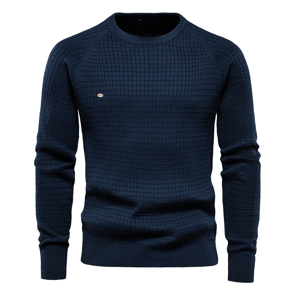 "Heren trui met klassieke O-hals, effen kleuren, 100% katoen, comfortabel en warm, geschikt voor diverse gelegenheden."