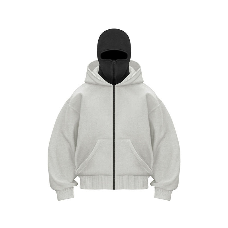 "Hoodie met ingebouwd gezichtsmasker en comfort fit, zacht grijs, ideaal voor stedelijke avonturen in herenmode."