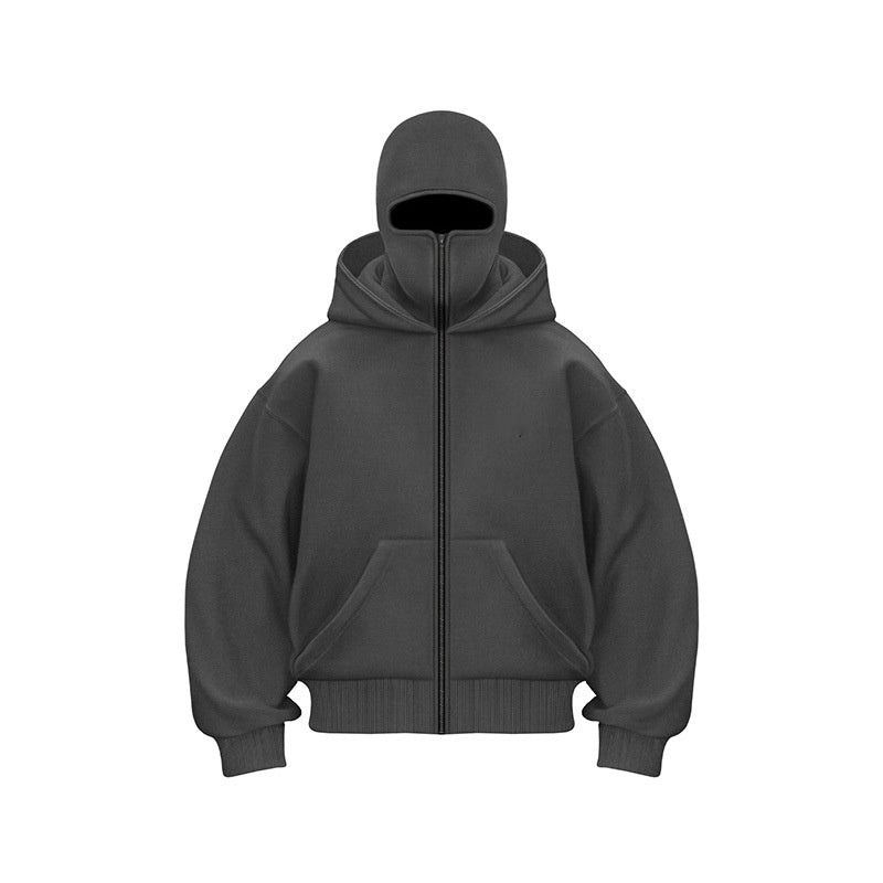 "Hoodie met ingebouwd gezichtsmasker en comfort fit, zacht grijs, ideaal voor stedelijke avonturen in herenmode."
