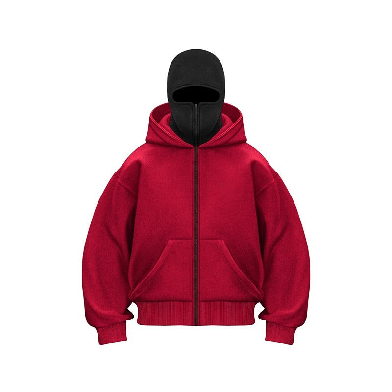 "Hoodie met ingebouwd gezichtsmasker en comfort fit, zacht grijs, ideaal voor stedelijke avonturen in herenmode."