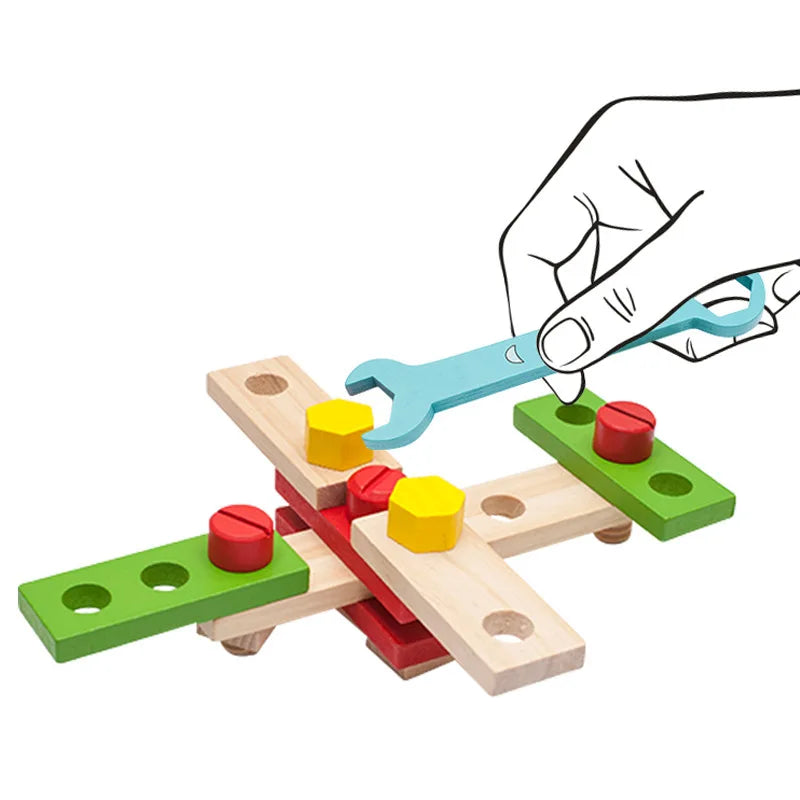 "Houten doe-het-zelf gereedschapskist speelset met kleurrijke onderdelen voor creatieve en educatieve kindactiviteiten."