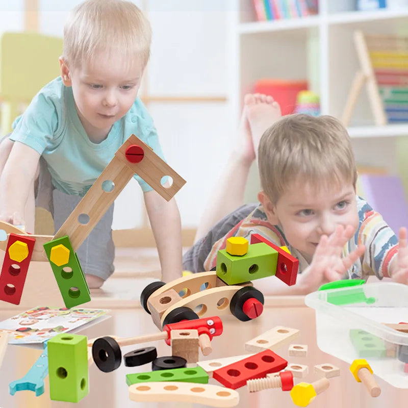 "Houten doe-het-zelf gereedschapskist speelset met kleurrijke onderdelen voor creatieve en educatieve kindactiviteiten."