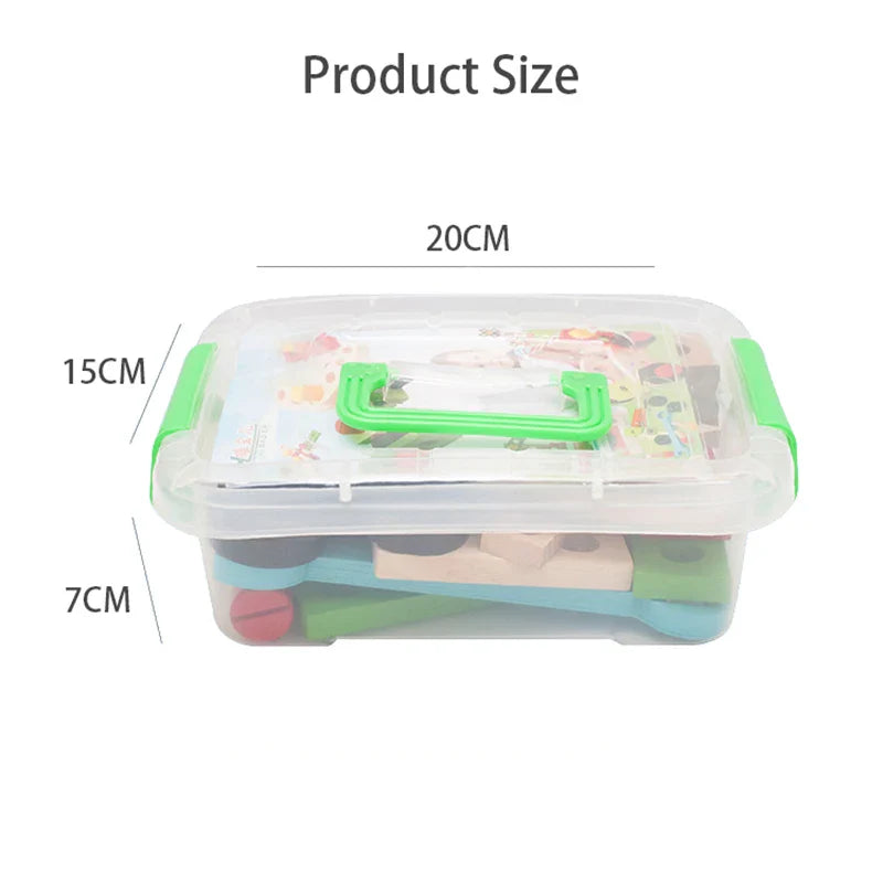 "Houten doe-het-zelf gereedschapskist speelset met kleurrijke onderdelen voor creatieve en educatieve kindactiviteiten."