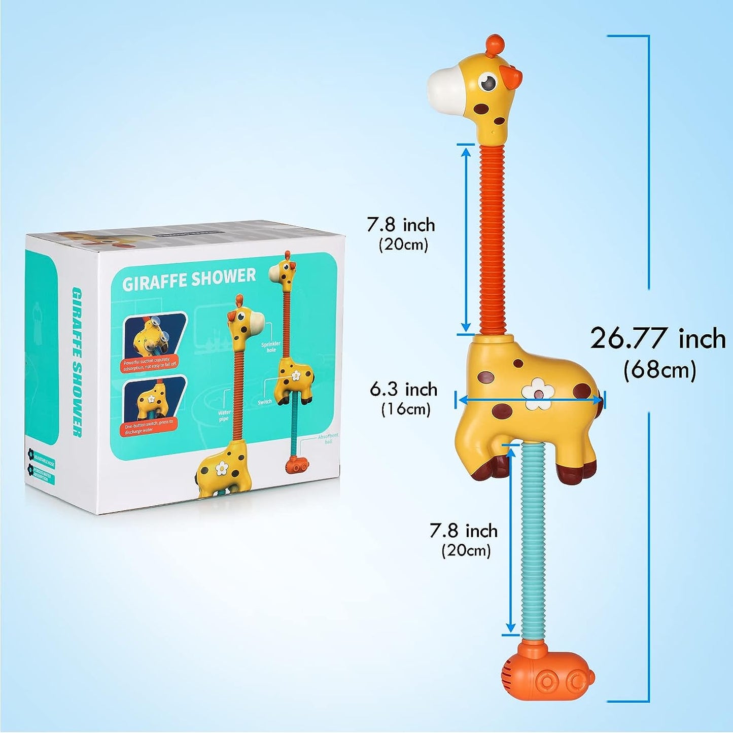 Interactief giraffe badspeeltje; kleurrijke douchekop, waterfontein en lichteffecten voor avontuurlijke badtijd bij kinderen.