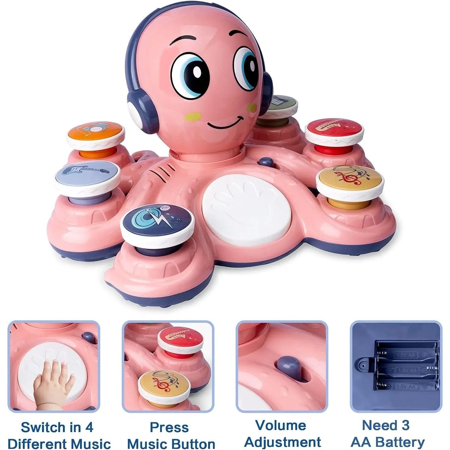 Interactieve kleurrijke octopus muziek speelgoed voor kinderen met knoppen, ideaal voor creatieve en muzikale ontwikkeling.