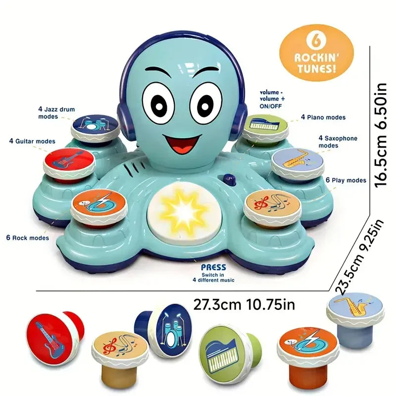 Interactieve kleurrijke octopus muziek speelgoed voor kinderen met knoppen, ideaal voor creatieve en muzikale ontwikkeling.