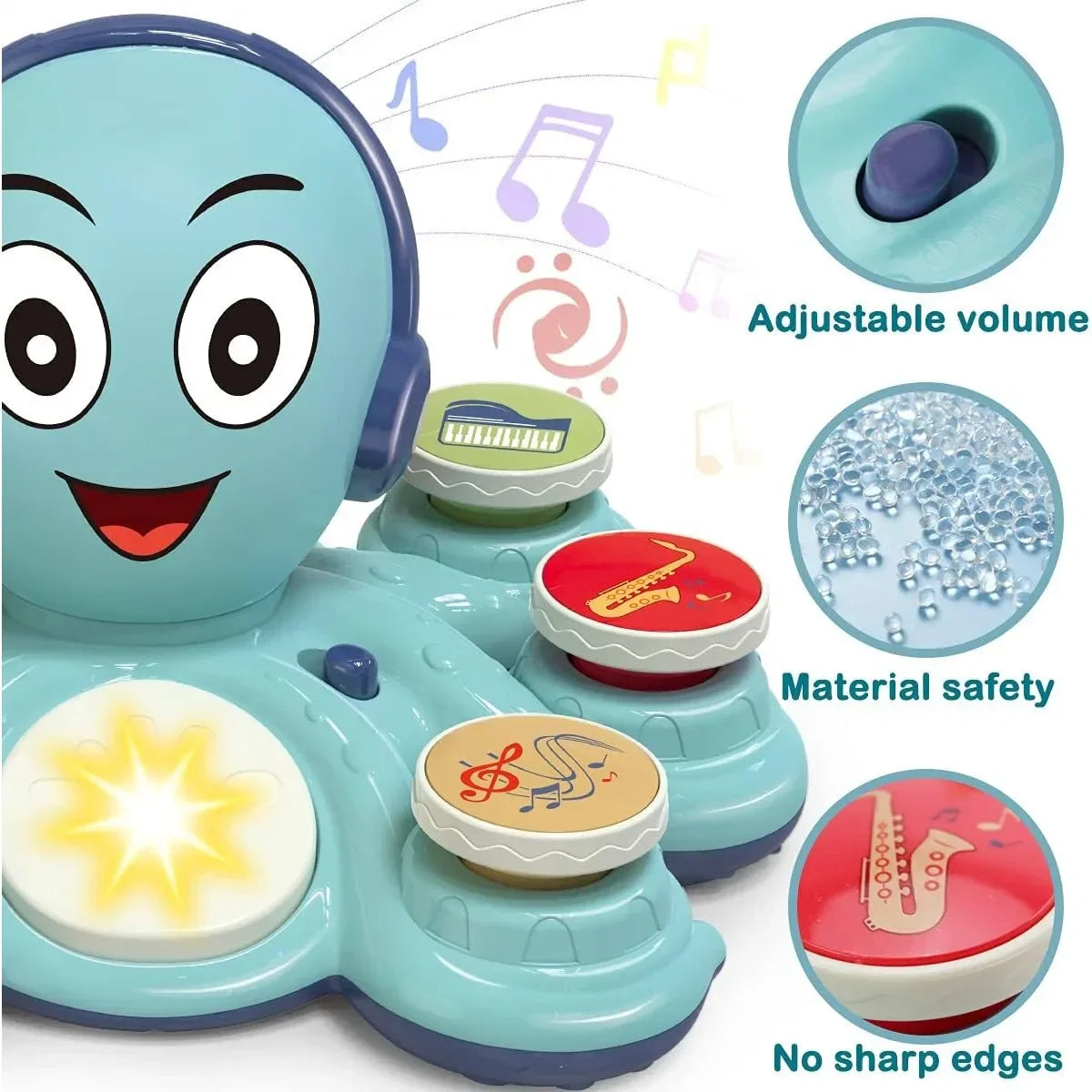 Interactieve kleurrijke octopus muziek speelgoed voor kinderen met knoppen, ideaal voor creatieve en muzikale ontwikkeling.