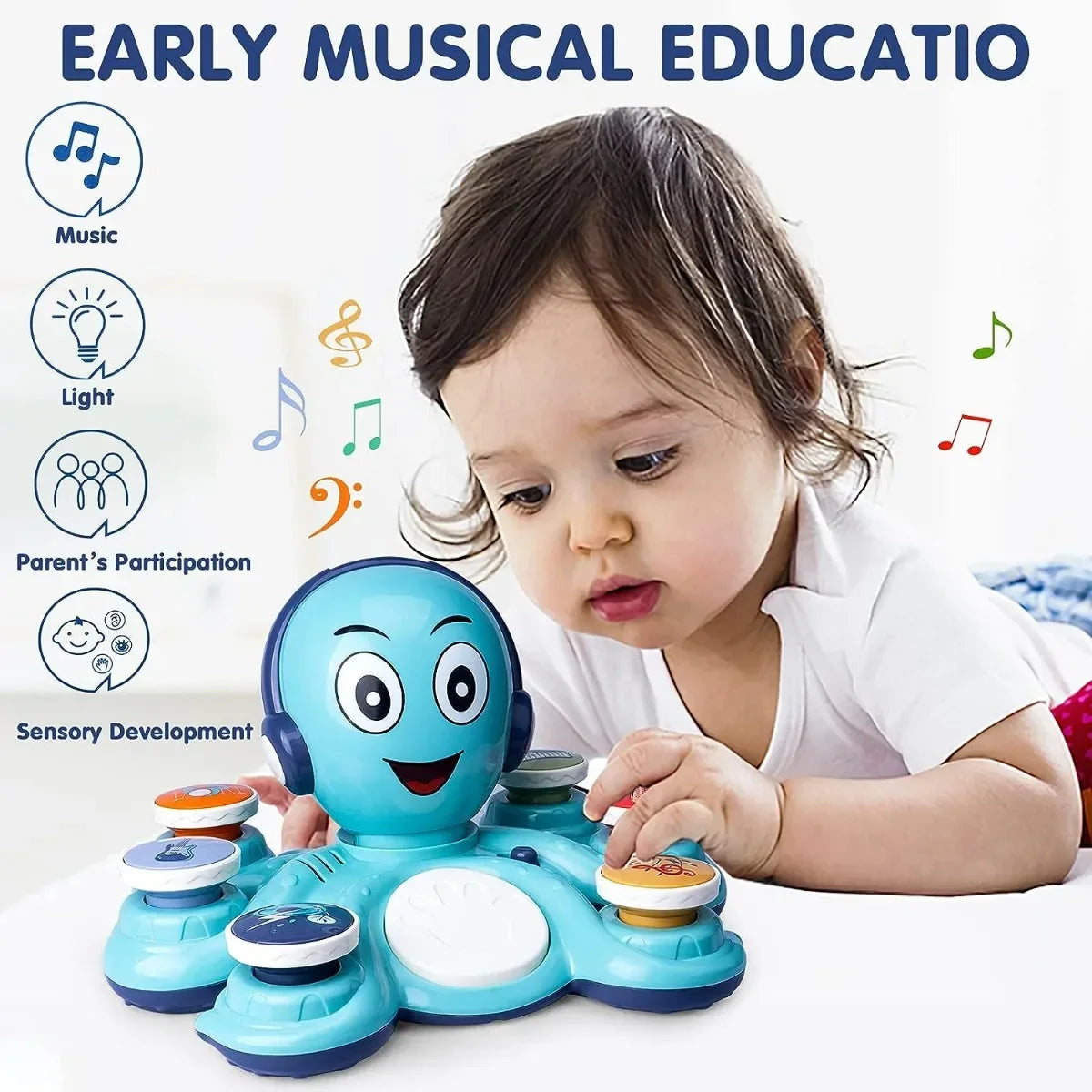 Interactieve kleurrijke octopus muziek speelgoed voor kinderen met knoppen, ideaal voor creatieve en muzikale ontwikkeling.